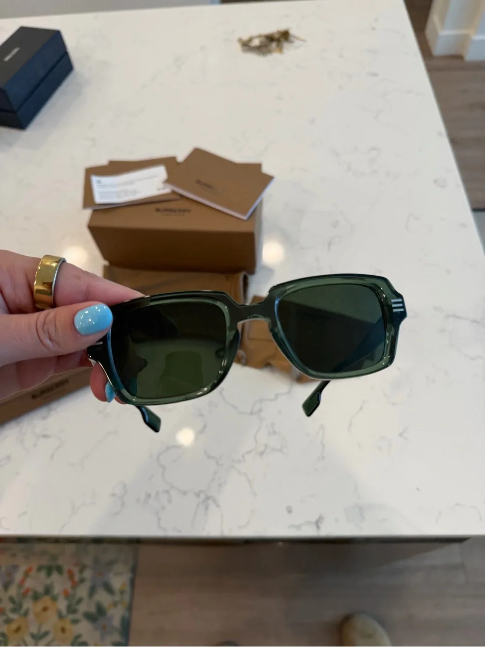 Burberry Green Rectangular Sunglasses with Brown Accessories